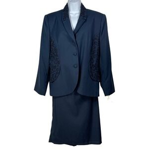 Morgan Miller Navy Blue Beaded Skirt Suit Set Size 18 NWT Blazer Midi Skirt